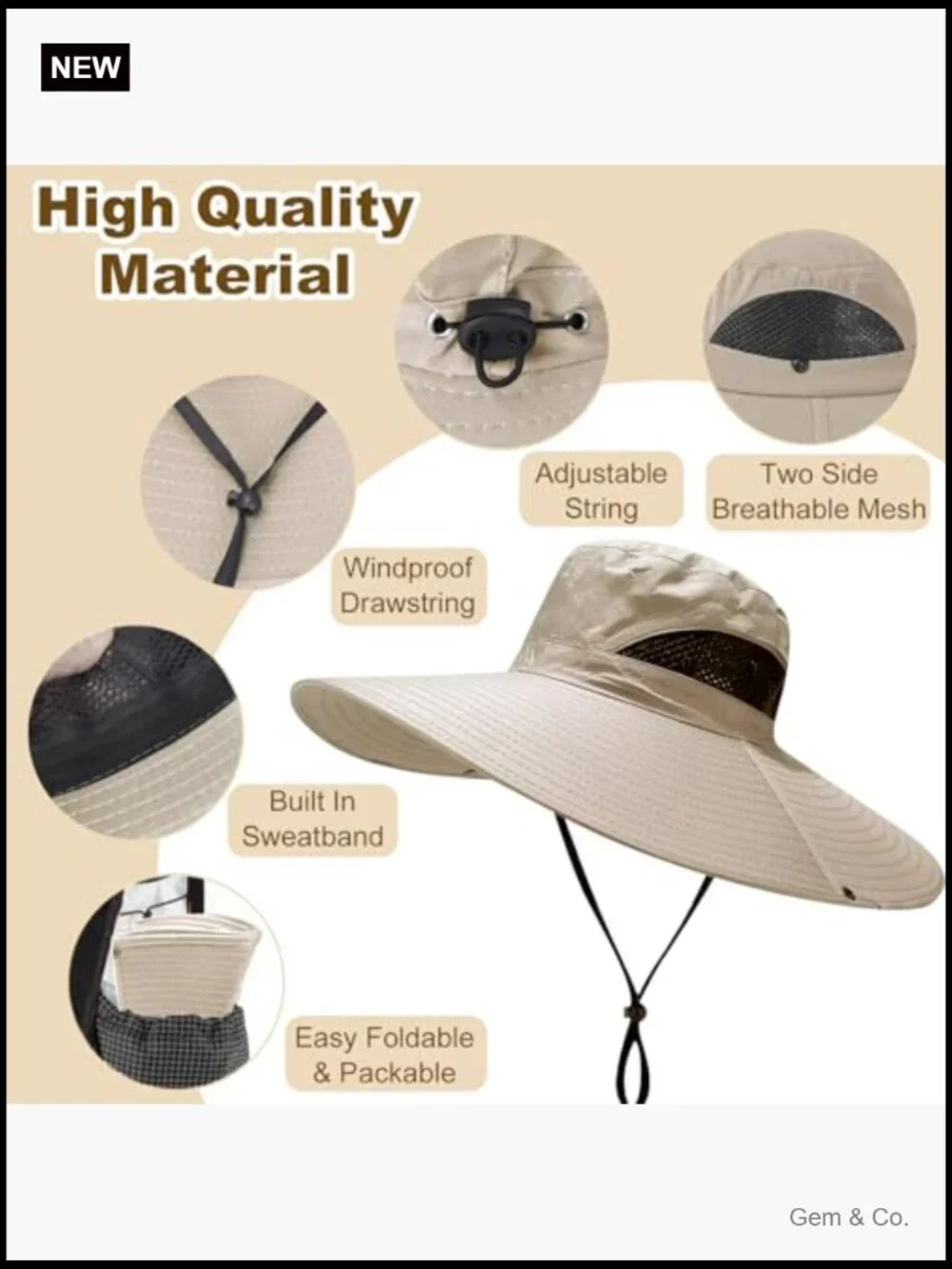 UPF50+ Wide Brim Fishing Hat, Waterproof Bucket Sun Hat for Outdoor
